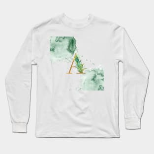 Letter A Gold Monogram with Leaves Green Watercolor Slats Graphic Design Long Sleeve T-Shirt